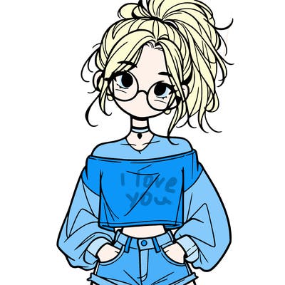 girl with a messy ponytail glasses a baggy crop top and jean shorts