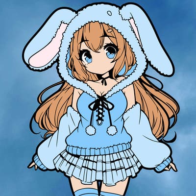 pretty anime girl wearing a fluffy hoodie with bunny ears on the hood and a skirt