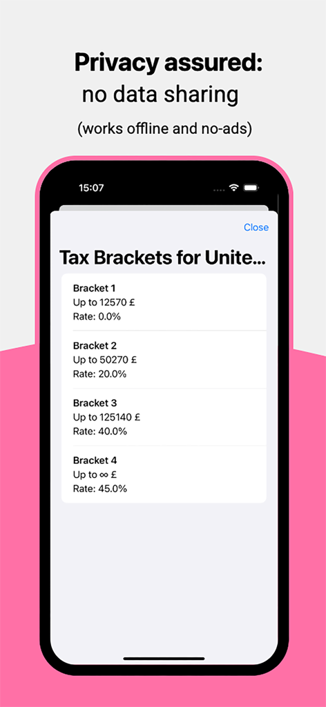 Salarium app screenshot displaying UK tax brackets and highlighting privacy features like offline use and no data sharing.