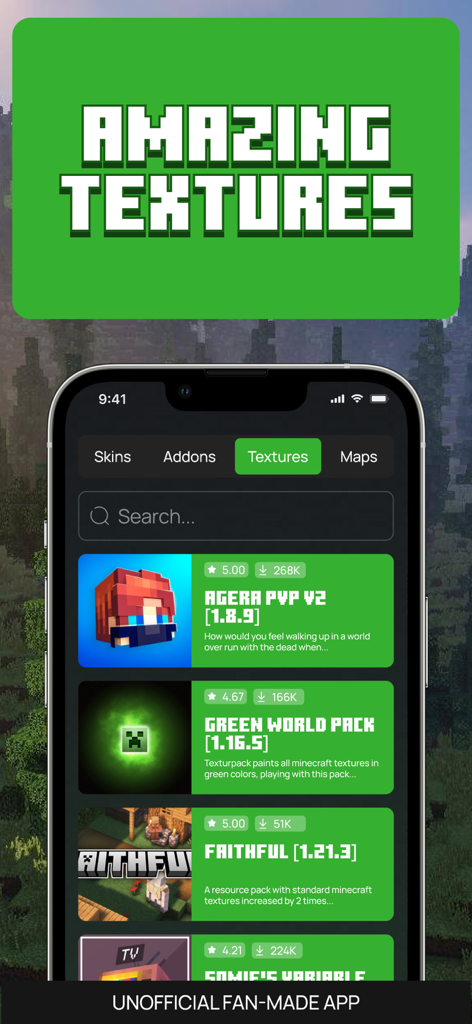 Mobile app interface displaying a collection of texture packs for Minecraft Pocket Edition under the Amazing Textures section
