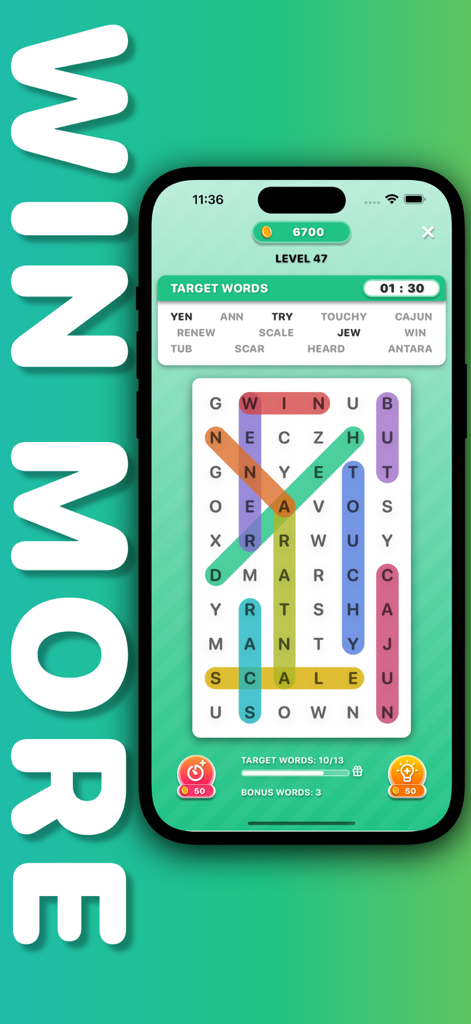A colorful word search puzzle on a mobile phone interface showing target words and highlighted answers