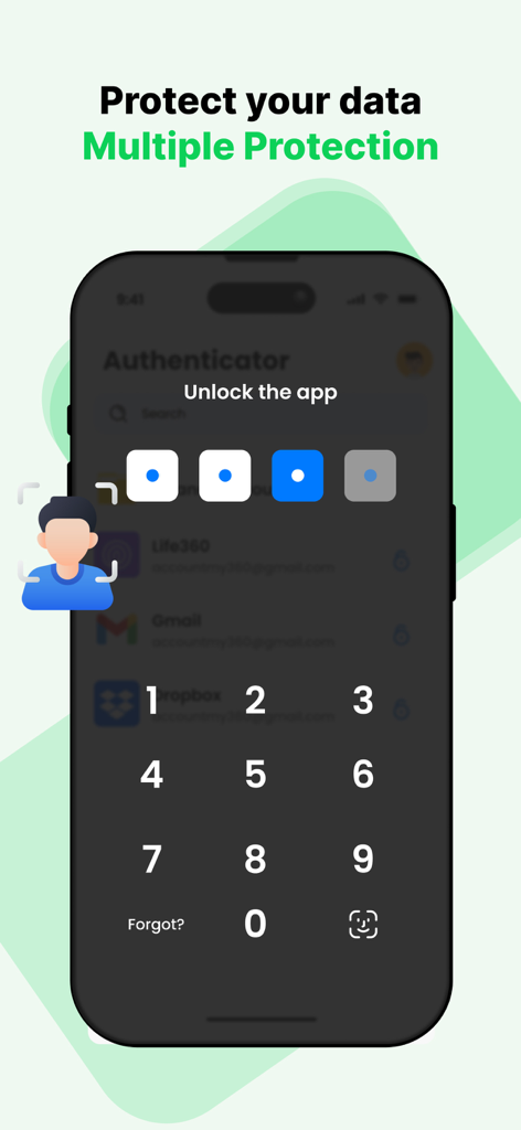 Interface do aplicativo autenticador exibindo uma tela de bloqueio com código PIN seguro para proteção de dados.