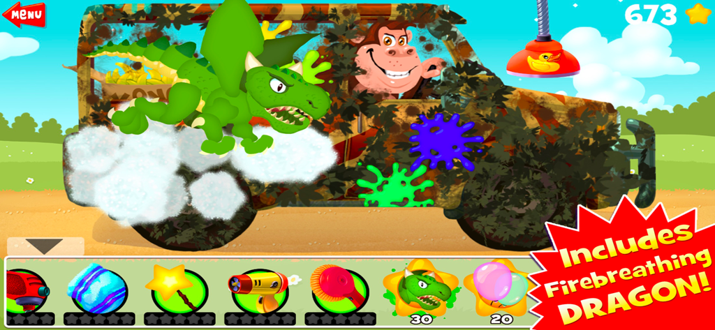 Amazing Car and Truck Wash - A green dragon cleaning a dirty camouflage truck in the Amazing Car and Truck Wash mobile app.