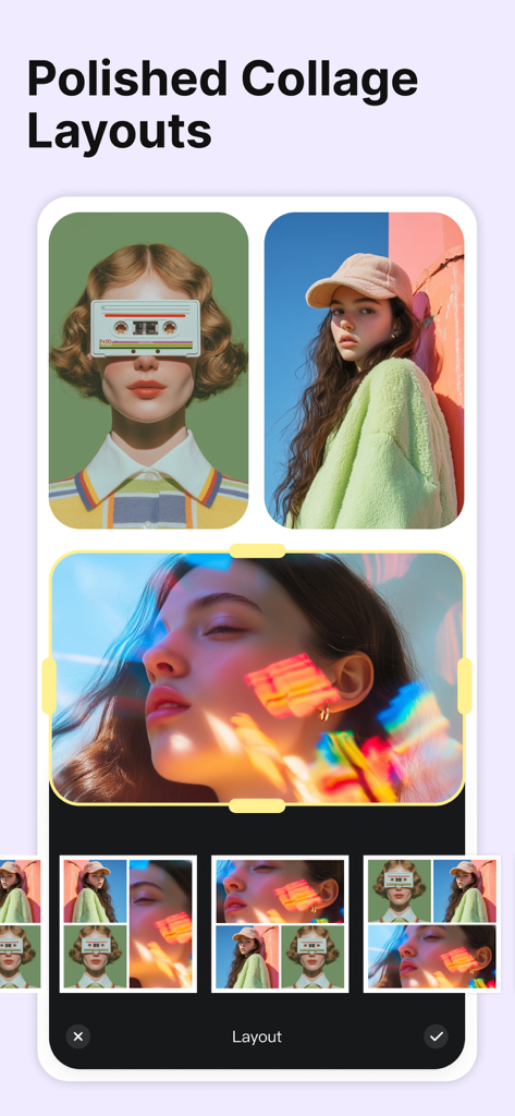 Photo Collage Maker: Collagic - Une interface d'application mobile montrant une mise en page de collage photo éditoriale soignée avec une sélection de modèles minimalistes de style magazine.