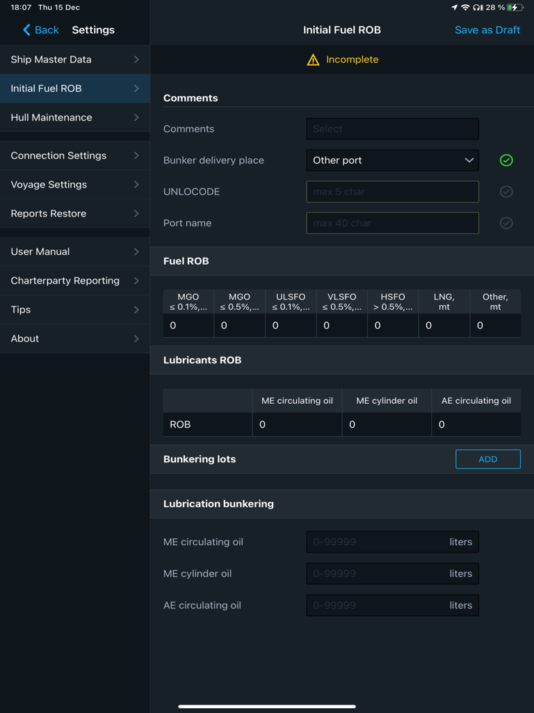 Wärtsilä SmartLog mobile App Bildschirm zur Erfassung des anfänglichen Kraftstoff- und Schmierstoffbestands an Bord