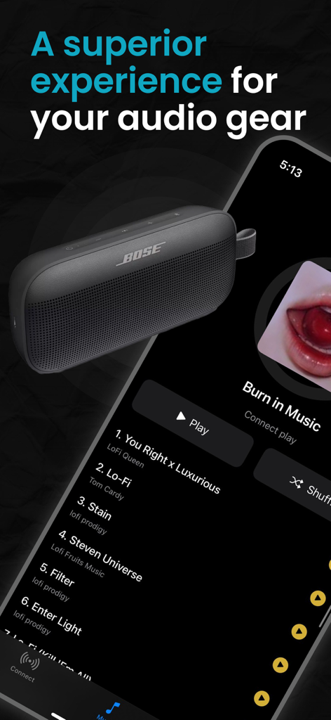 Connect headphones and speaker - App-Oberfläche zum Anschließen von Audiogeräten, die einen Bose-Lautsprecher und eine Musik-Playlist im Dunkelmodus zeigt