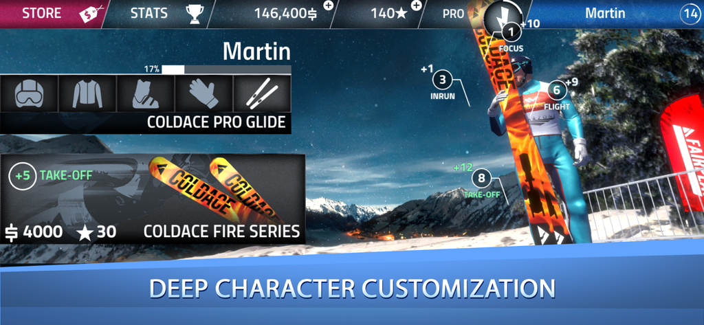 Ski Jumping Pro - A screen showing character customization options for an athlete in the Ski Jumping Pro mobile game
