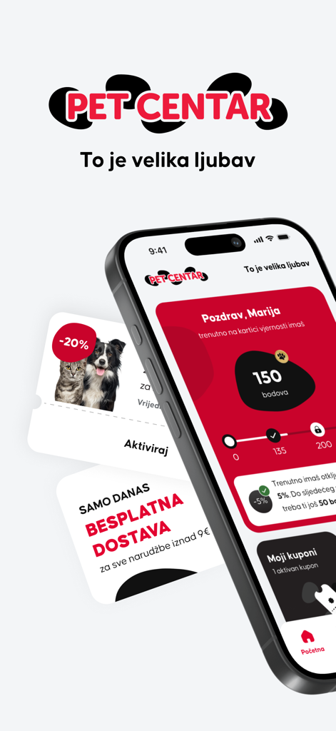 Pet centar HR - Smartphone displaying Pet centar HR app with loyalty points and pet discount coupons