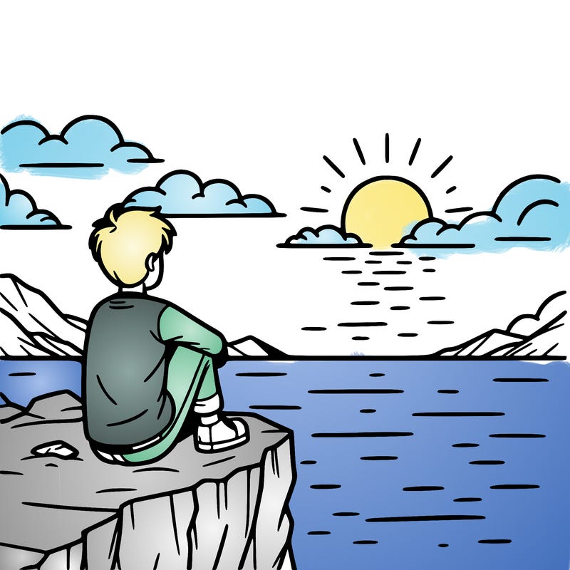 someone sitting on the edge of a cliff looking at the sunset