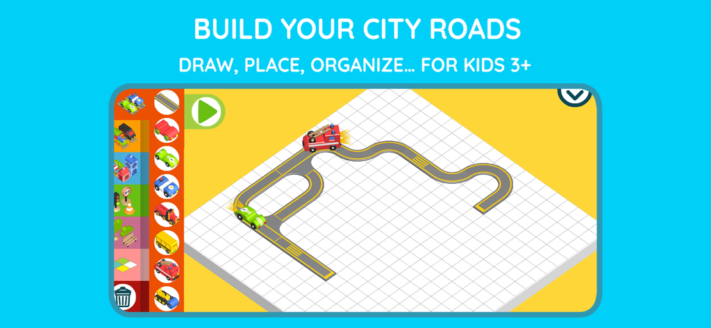 Una griglia digitale dove un giocatore costruisce strade e posiziona veicoli giocattolo come un camion dei pompieri e un'auto.