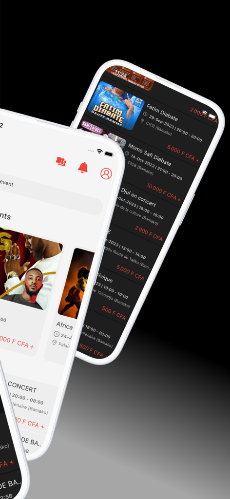 e-KaTicket - Smartphone screens showing the e-KaTicket mobile app interface with a list of concert and event tickets