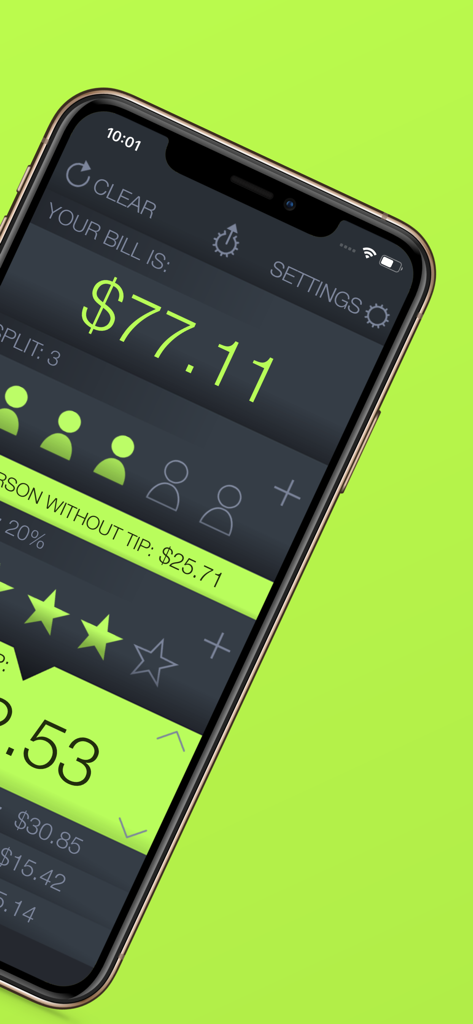 Tip Calculator % Tap Tip - Tap Tipアプリの請求書分割とチップ計算画面を表示したスクリーンショット。