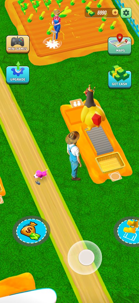 Farm Valley Farming Simulator - A farmer character manages a cornfield and a giant golden egg hen in the Farm Valley farming simulation game.