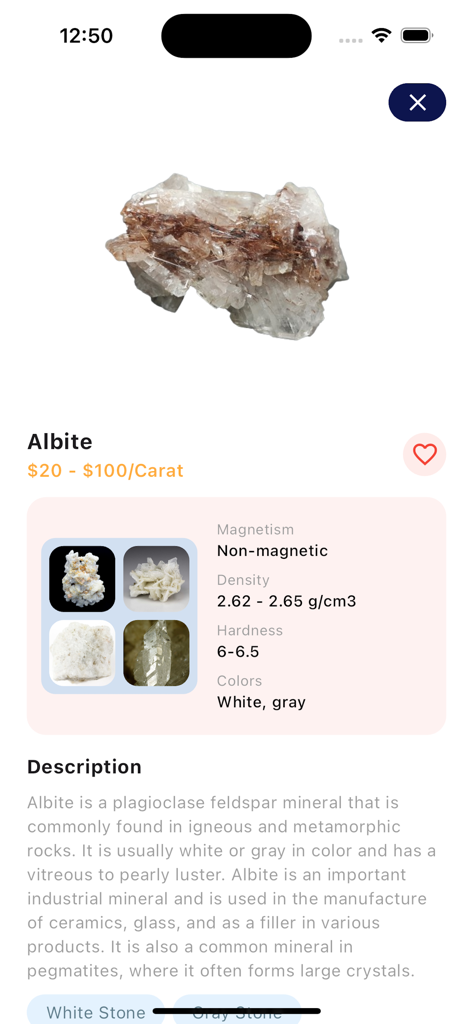 Rock Identifier - Stone ID - Identification screen for Albite mineral showing geological properties and market value