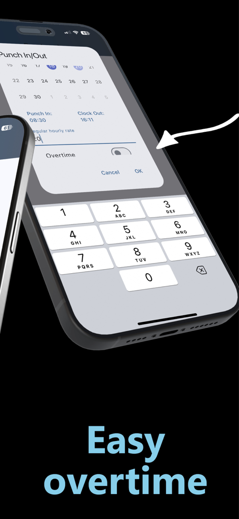Interfaz móvil de la aplicación Punchcard que muestra cómo rastrear horas extra y registrar entrada o salida con un teclado numérico.