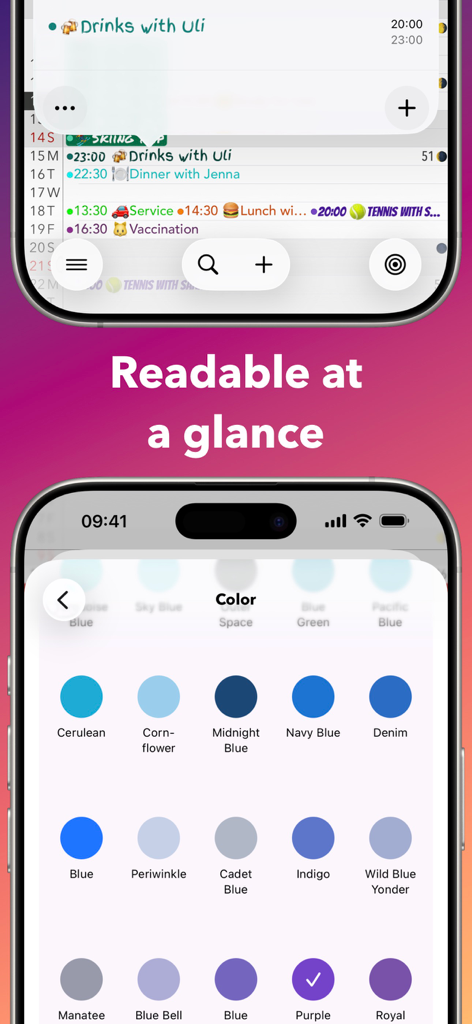Ein Telefonbildschirm, der die Calendar Plus App mit Schwerpunkt auf Lesbarkeit und einem Menü zur Auswahl verschiedener Farbthemen wie Azurblau und Marineblau zeigt.