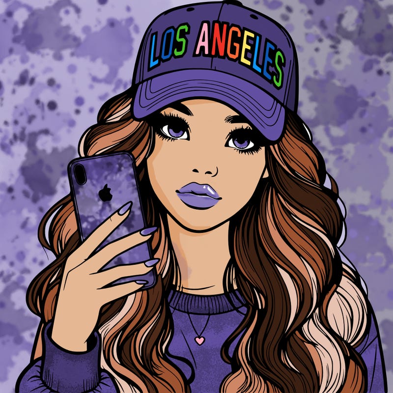 realistic beautiful girl wearing los ángeles cap holding an iphone