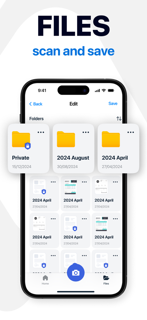 PDF Scanner - Fax, Sign & Edit - Interface d'application mobile montrant des dossiers de documents organisés et des fichiers privés.