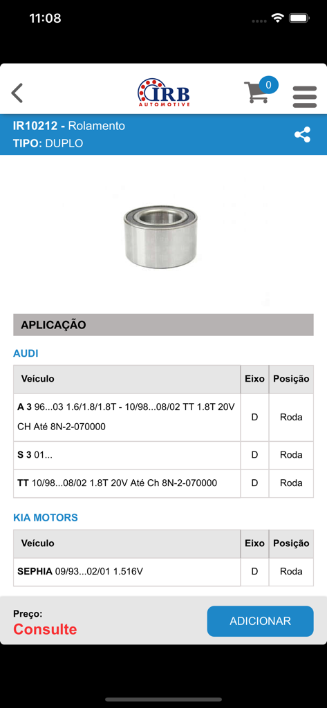 Tela do aplicativo IRB Automotive mostrando especificações técnicas e aplicações de veículos para um rolamento de roda