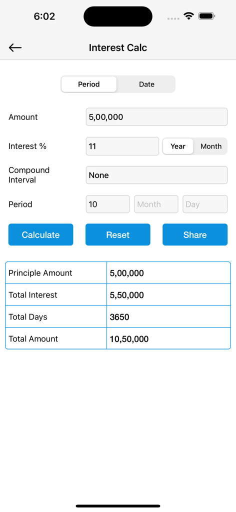 利息計算機アプリのインターフェース。元本と総利息の結果が表示された単利計算を示しています。