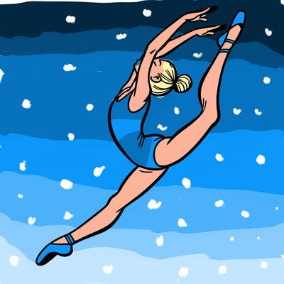 gymnast doing a leap in a leotard with a bent back leg