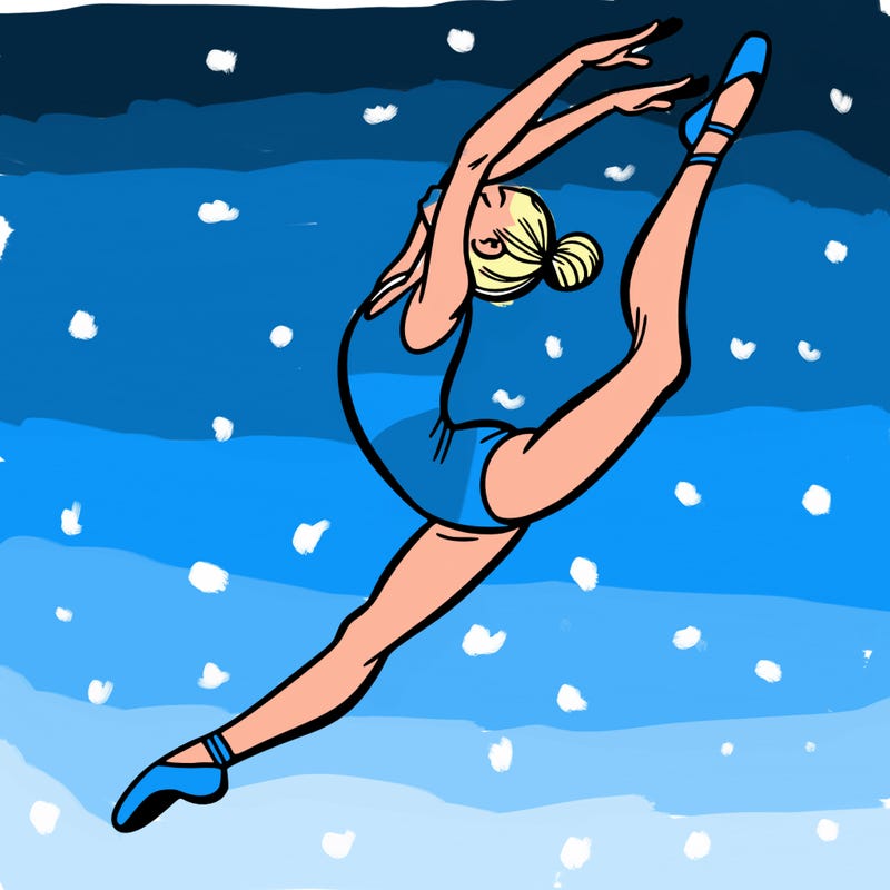 gymnast doing a leap in a leotard with a bent back leg