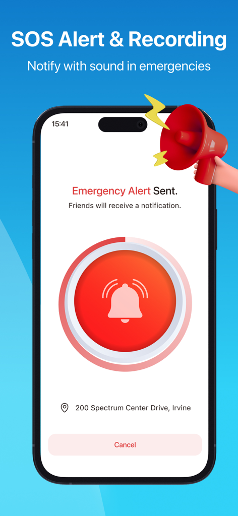 iSharing app screen showing an emergency SOS alert sent with a large red button and location information