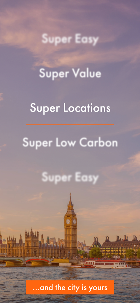 easyHotel - Book Value Stays - easyHotel app screen featuring London Big Ben at sunset with text about value and locations