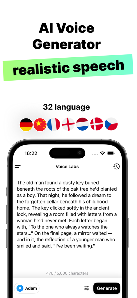 Voice Labs: AI Text To Speech - Voice Labs mobile App-Oberfläche zur KI-Text-zu-Sprache-Generierung mit Unterstützung für 32 Sprachen