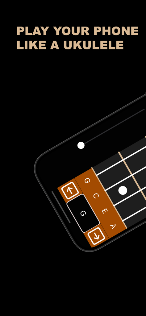 Pocket Uke - Smartphone screen showing the Pocket Uke app interface with a digital ukulele fretboard and the text Play Your Phone Like A Ukulele.