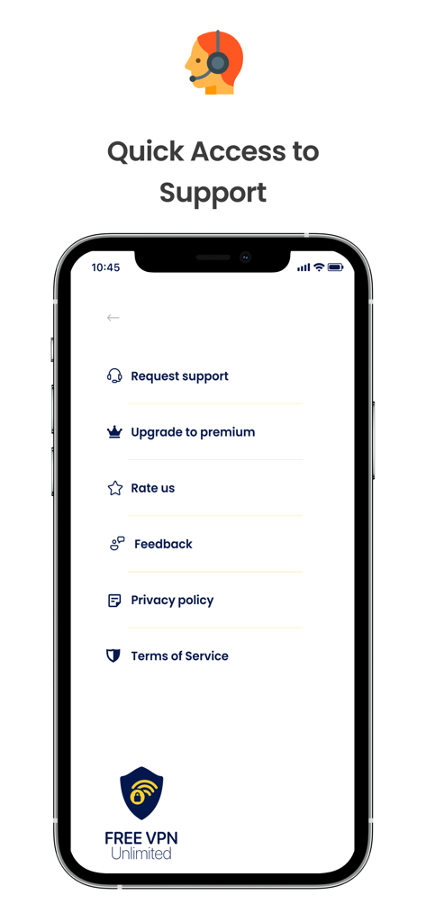 Pantalla del menú de soporte de la aplicación VPN Ilimitado Gratuito mostrando opciones de ayuda al cliente y actualizaciones premium