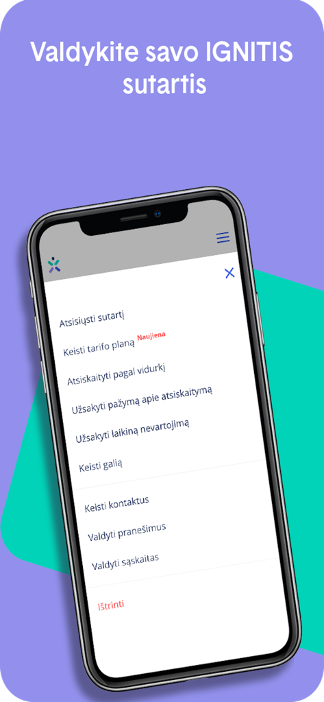 Ignitis savitarna - Screenshot of the Ignitis savitarna app menu for managing energy contracts and payment plans.