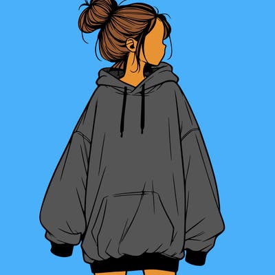 realistic girl with a oversized sweatshirt on and a bun