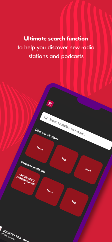 Radioplayer - Radio & Podcast - Interfaccia dell'app Radioplayer che mostra la barra di ricerca e le categorie di scoperta per stazioni radio e podcast