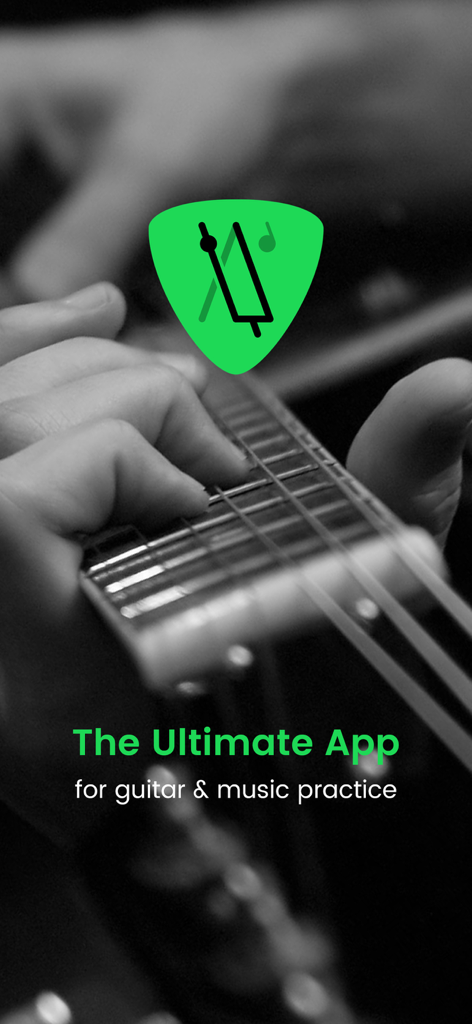 Metronome Tuner X: Pro Guitar - 緑色のギターピックロゴと背景でギターを演奏するミュージシャンのMetronome Tuner Xアプリのスプラッシュスクリーン