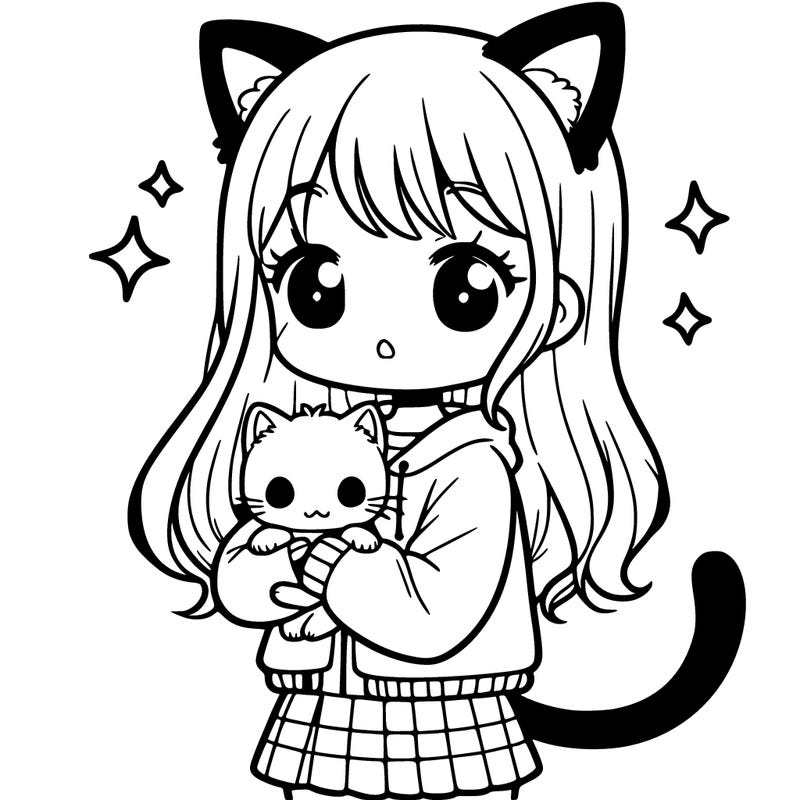 a girl with cat ears and tail holding a kitten