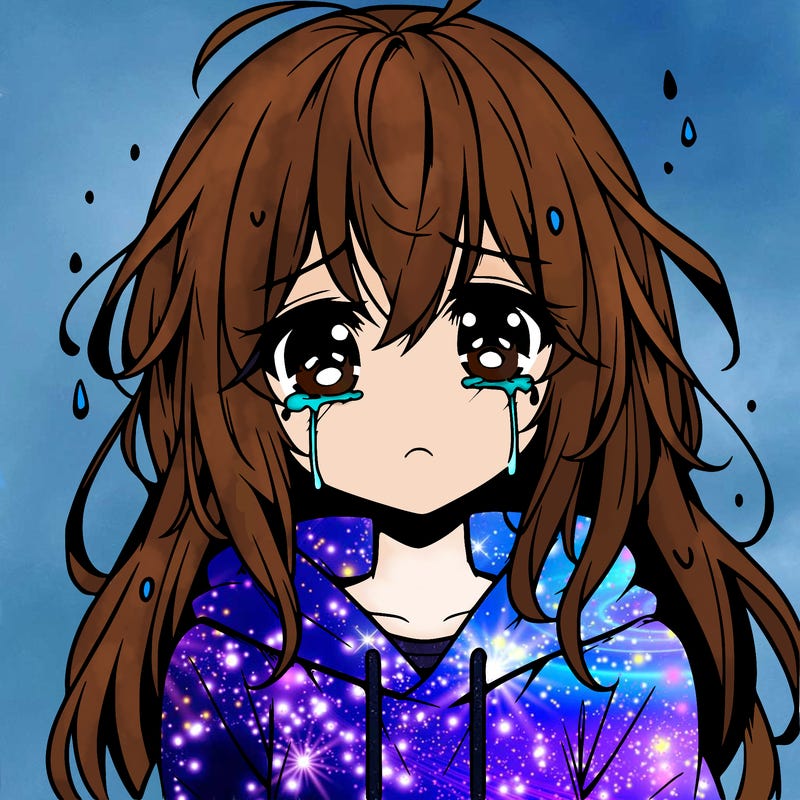 an anime girl with long kinda messy long hair with bangs,wearing a shirt and a hoodie on top,crying with tears dripping down her face