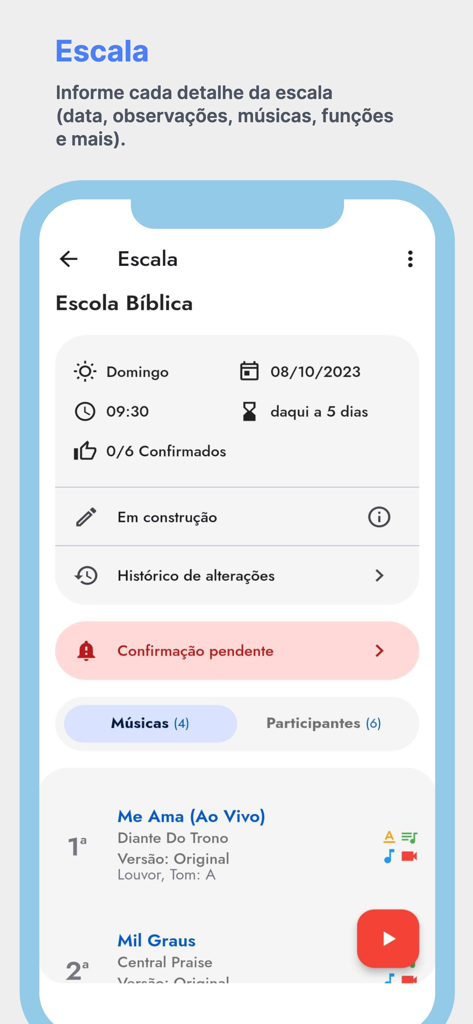 LouveApp - Interface de aplicativo móvel para gerenciar escalas de culto da igreja e listas de músicas