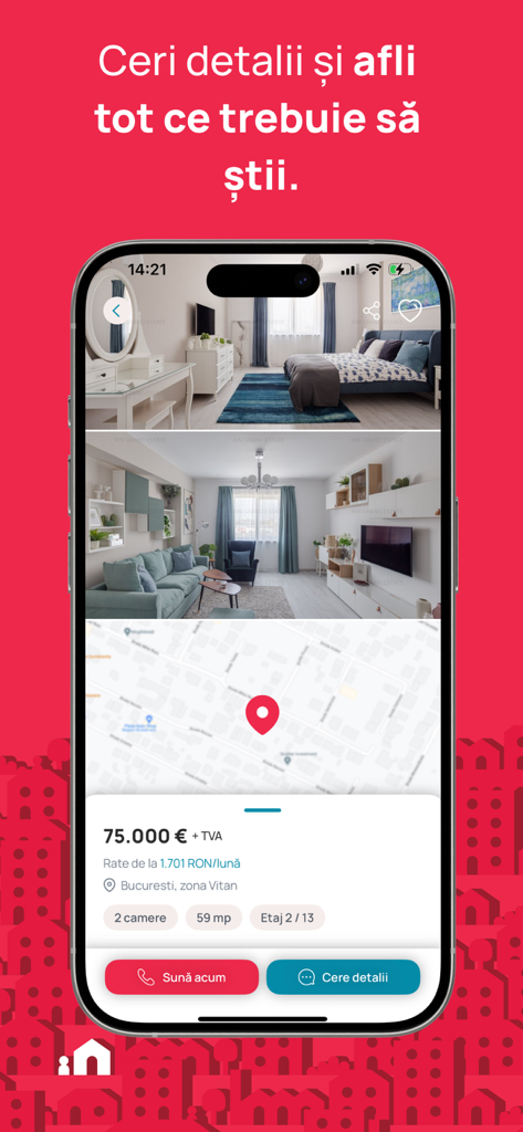 Screenshot of Imobiliare.ro app showing a two-room apartment listing in Bucharest with photos, map, and price details.