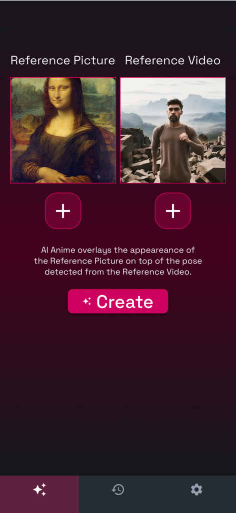 AI Animate: Photo to Video App - A interface de criação do AI Animate mostrando uma foto de referência e um vídeo de referência para imitação de pose.