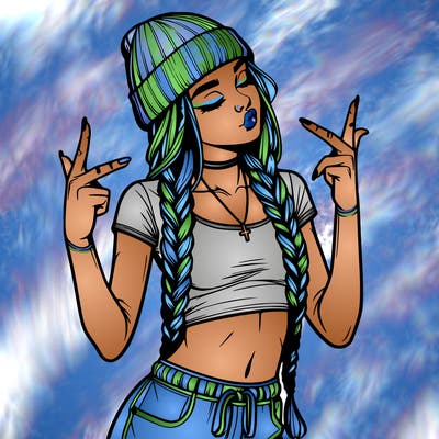 realistic teenage girl with braids and a beanie and crop top doing 🫶🏼