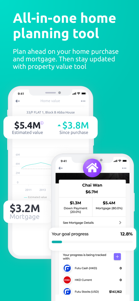 Planto - HK #1 Money Tracker - Interface de aplicativo móvel para acompanhar o valor da casa e o progresso do pagamento da hipoteca.