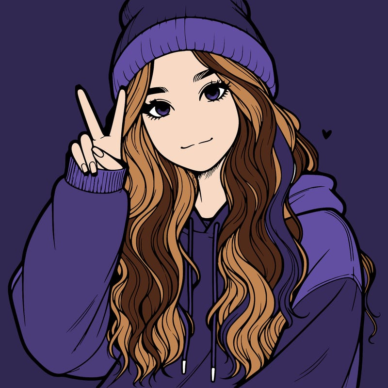 a teenage girl in a beanie, oversized sweatshirt, wavy long hair, and is showing a ✌️