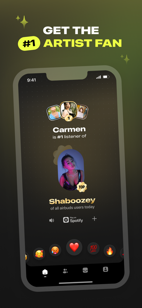 A mobile screenshot showing a user ranked as the number one listener for an artist on the Airbuds app with emoji reactions.