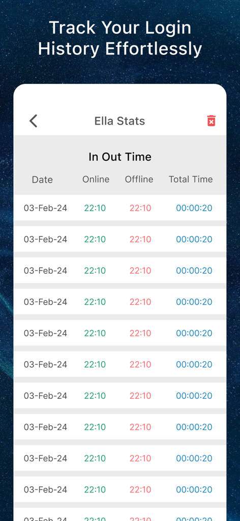 Walogin Tracker Online - Walogin Tracker app interface showing a detailed login history report with specific online and offline times for a monitored contact