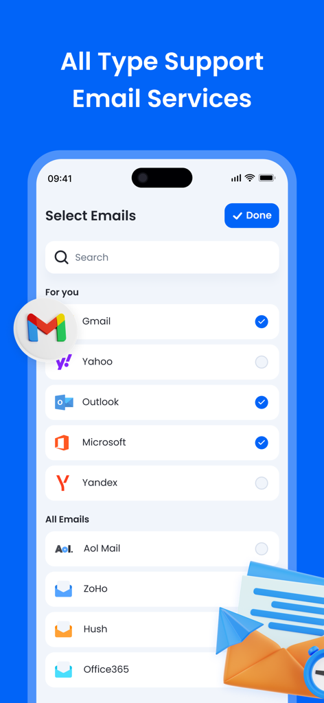 AI Writer - AI Email Assistant - Pantalla de la aplicación móvil que muestra una lista de proveedores de correo electrónico compatibles como Gmail, Outlook y Yahoo para la integración de cuentas