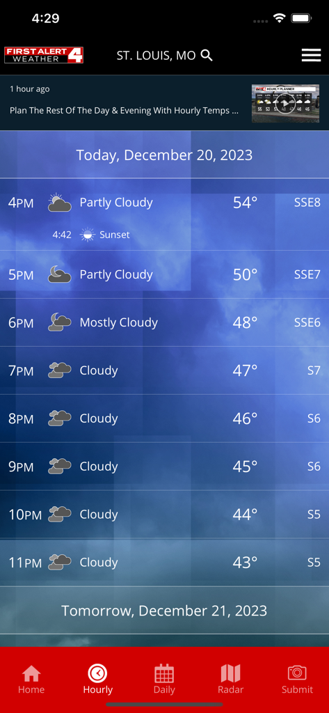First Alert 4 Weather - Hourly weather forecast for St. Louis on the First Alert 4 Weather app showing temperatures and sky conditions.