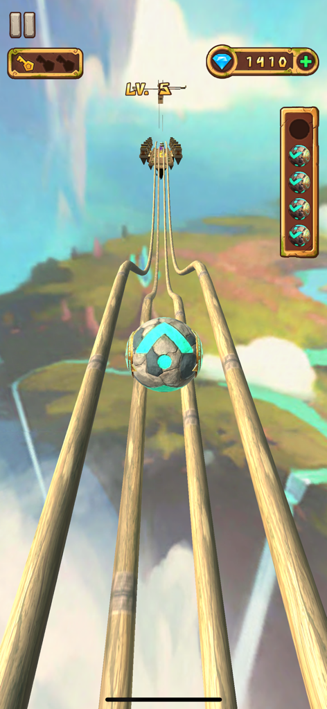 Temple Rolling Balls - A futuristic rolling ball navigating parallel wooden rails high in the sky in the Temple Rolling Balls game.