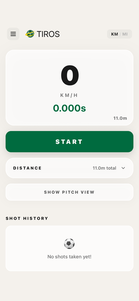 Tiros app dashboard for measuring soccer shot speed and distance