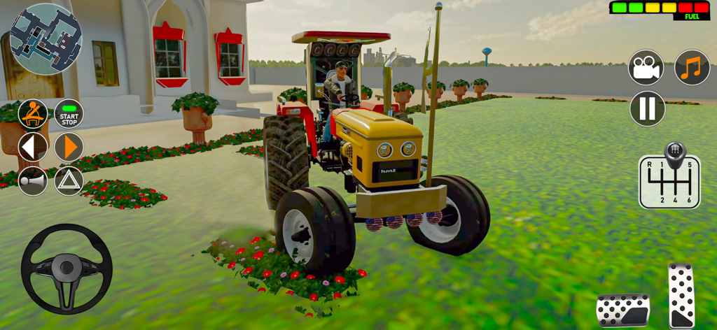 Un tractor amarillo sobre hierba en un juego de simulación de agricultura 3D que muestra controles de conducción en pantalla